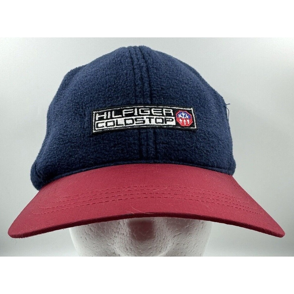 90s Tommy Hilfiger Coldstop Blue Fleece Red Brim Adjustable Strapback Hat Flag